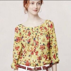 Floral Yellow Blouse Anthropologie 10 flowy bright cotton stitching 9-H15